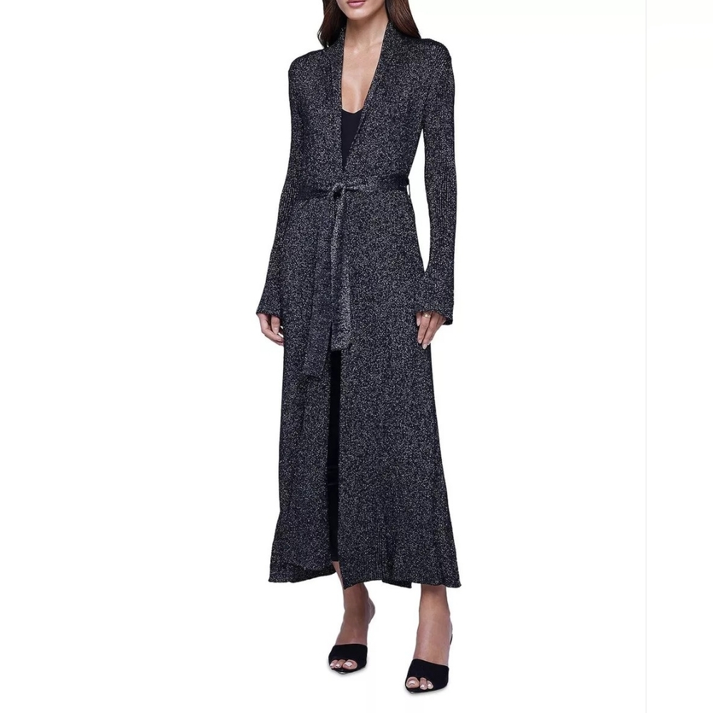 L'AGENCE Black Shimmering Silver Metallic Long Sleeve Maxi Open Cardigan